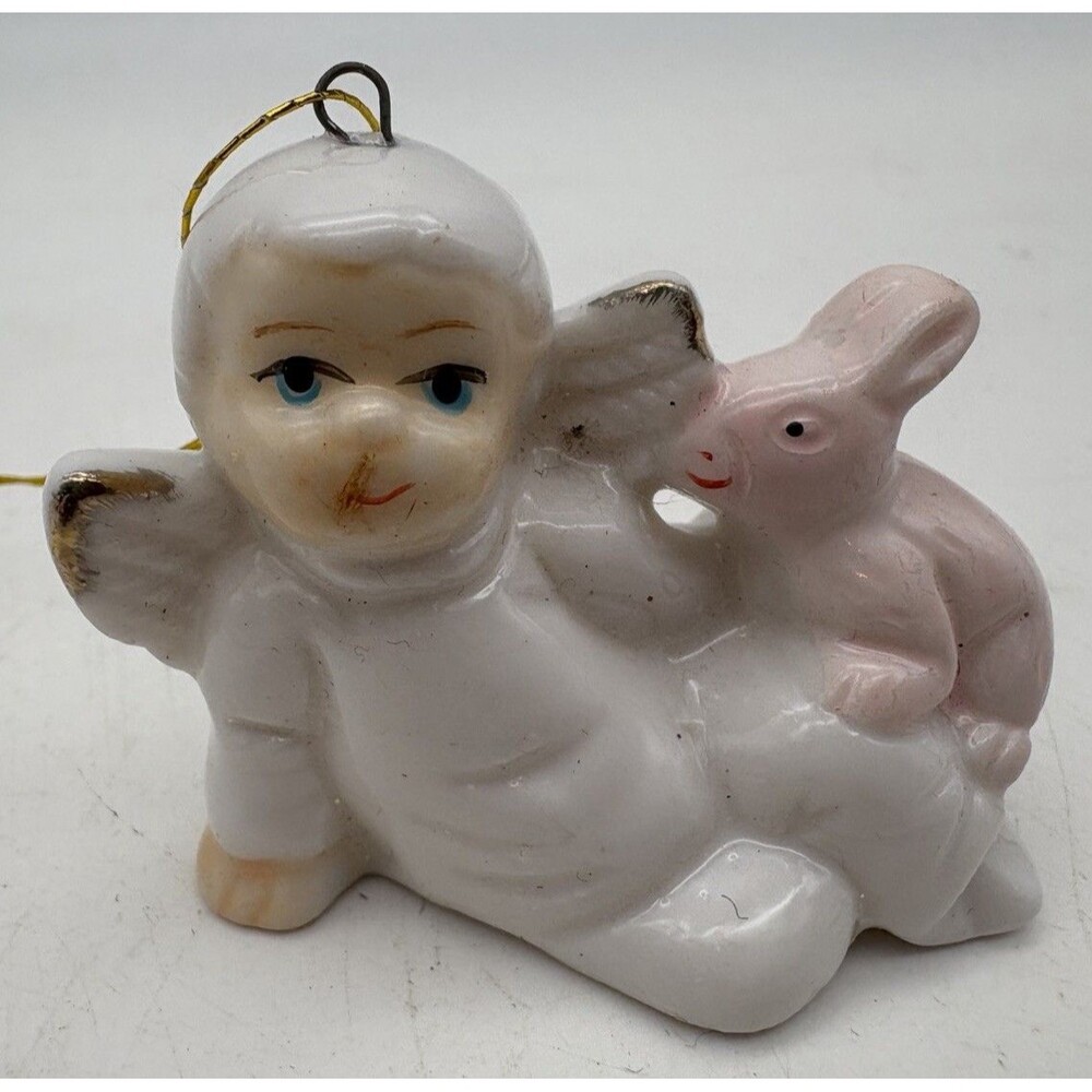 Vintage Porcelain Angel Hanging Ornament with Pink Bunny